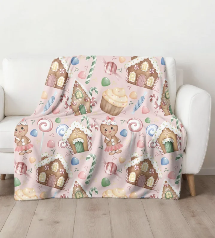 Gingerbread Christmas Pink Throw Blanket, Winter Holiday Seasonal Home Decor Accessories, Gingerbread House Candy Girls Gift