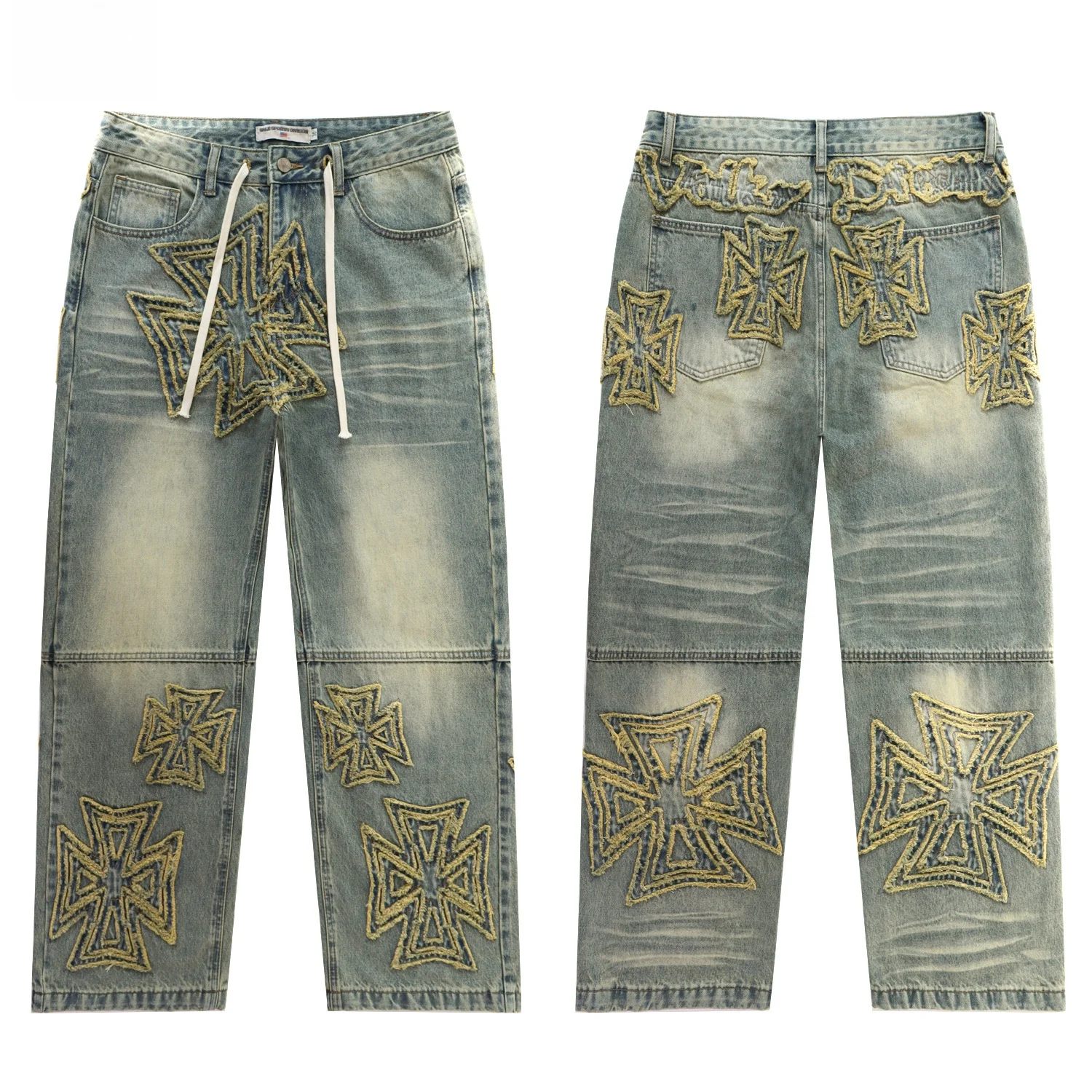 Calças Jeans Valley Dreams com Letras Bordadas e Detalhes em Diamante, Estilo Retrô, Cintura Média, Zíper, Moda Jovem Unissex