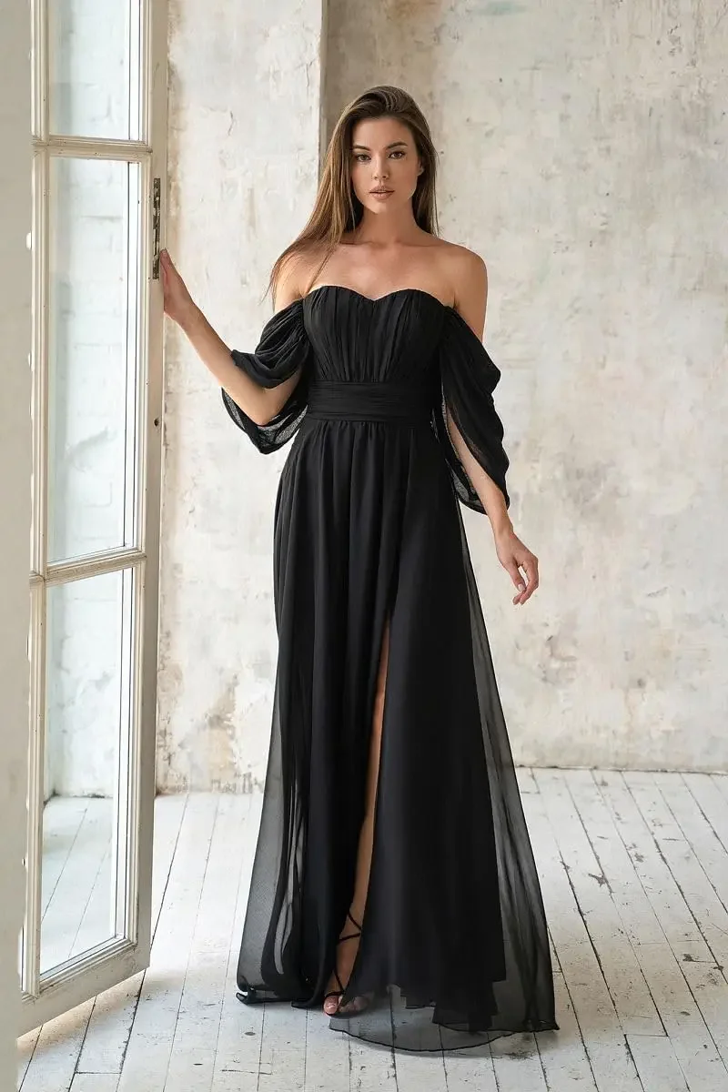 

Custom Made Chiffon Formal Gown With Slit Elegant Wedding Guest Dress Women's Plus Size Off-The-Shoulder Bridesmaid Dress Evenin