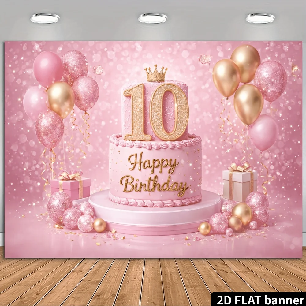 2D-Hintergrundstoff für die 10. Geburtstagsfeier, rosa-goldene Ballonkrone mit dem Zahlen-10-Element, Polyester-Material