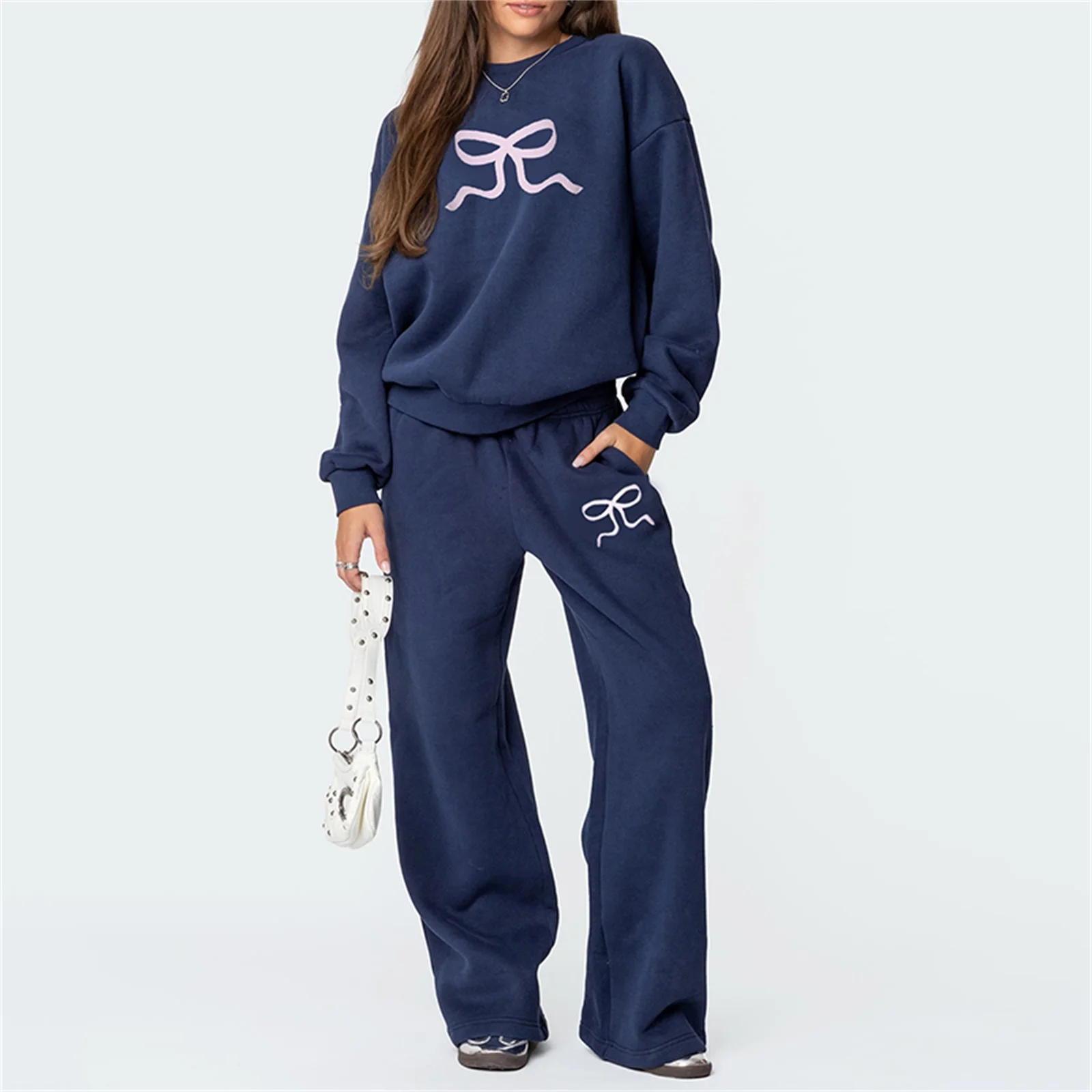 Women Pants Set Bow Print Long Sleeve Solid Color  Crew Neck Hoodie and Sweatpants Set Activewear Set