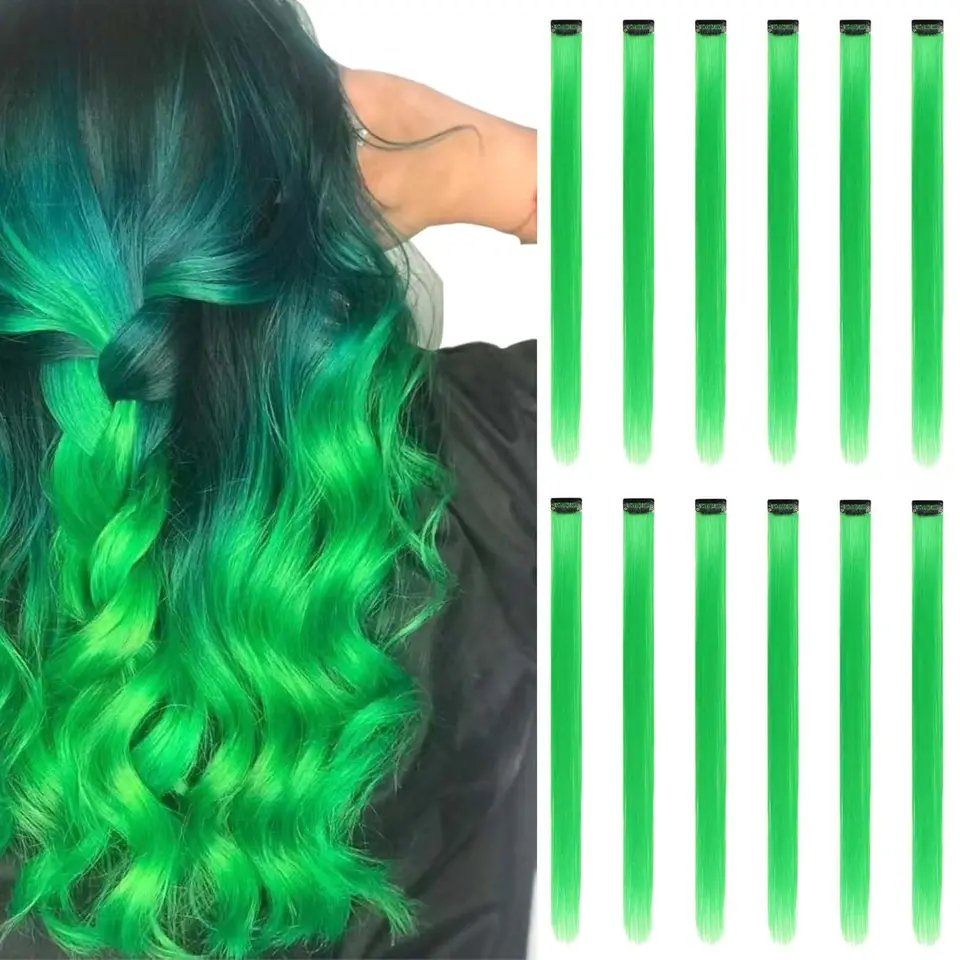 12PCS/Paquete Extensiones de Cabello Clip In Mechas de Colores para Fiesta para Chicas 22 Pulgadas Colores Ombre Lacio Sintético Postizos 3