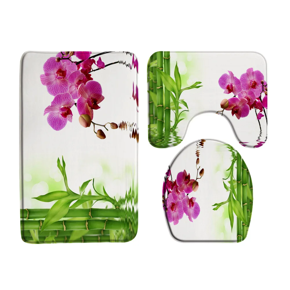 

Zen Bath Mat Set Green Bamboo Orchid Lotus Flower Plant Spa Garden Scenery Bathroom Decor Flannel Non-Slip Rugs Toilet Lid Cover