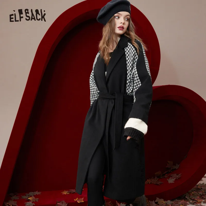 ELFSACK Black Spliced Wool Coats Women 2022 Winter Mid-length Outwears