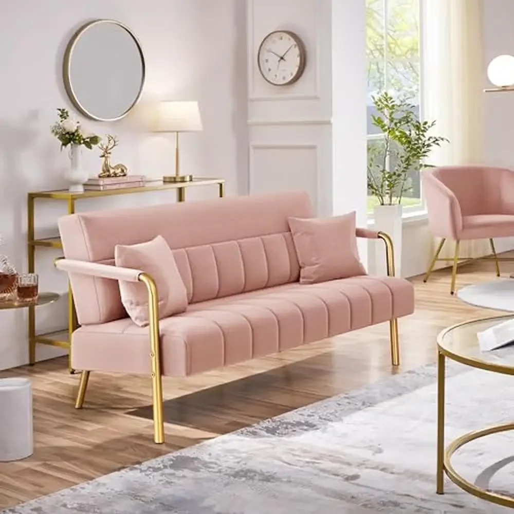 Chic Pink Velvet 2 Seater Sofa with Gold-Tone Metal Arms Glamorous Modern Loveseat