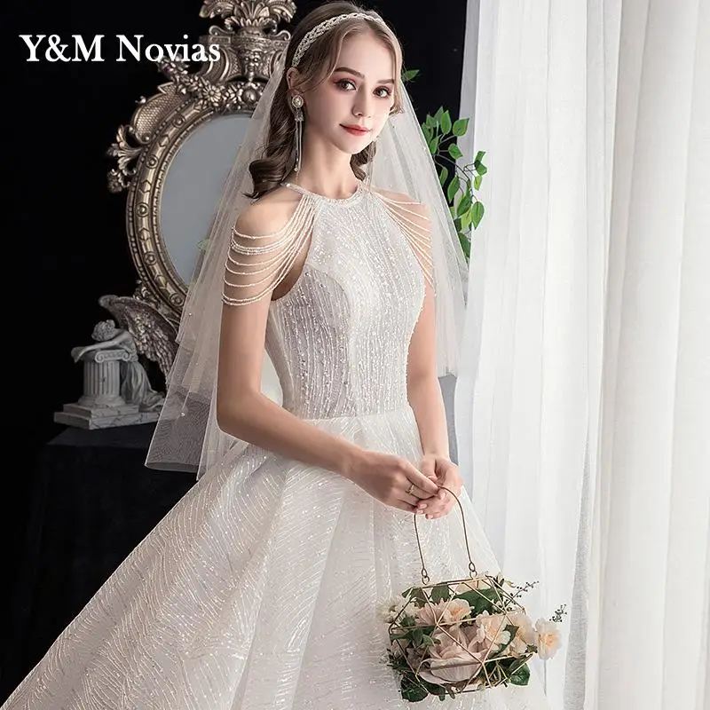 Y & m glitter luxo rendas doce elegante cabresto vestido de noiva noiva 2022 vestido longo trem lantejoulas grânulo noiva princesa plus size