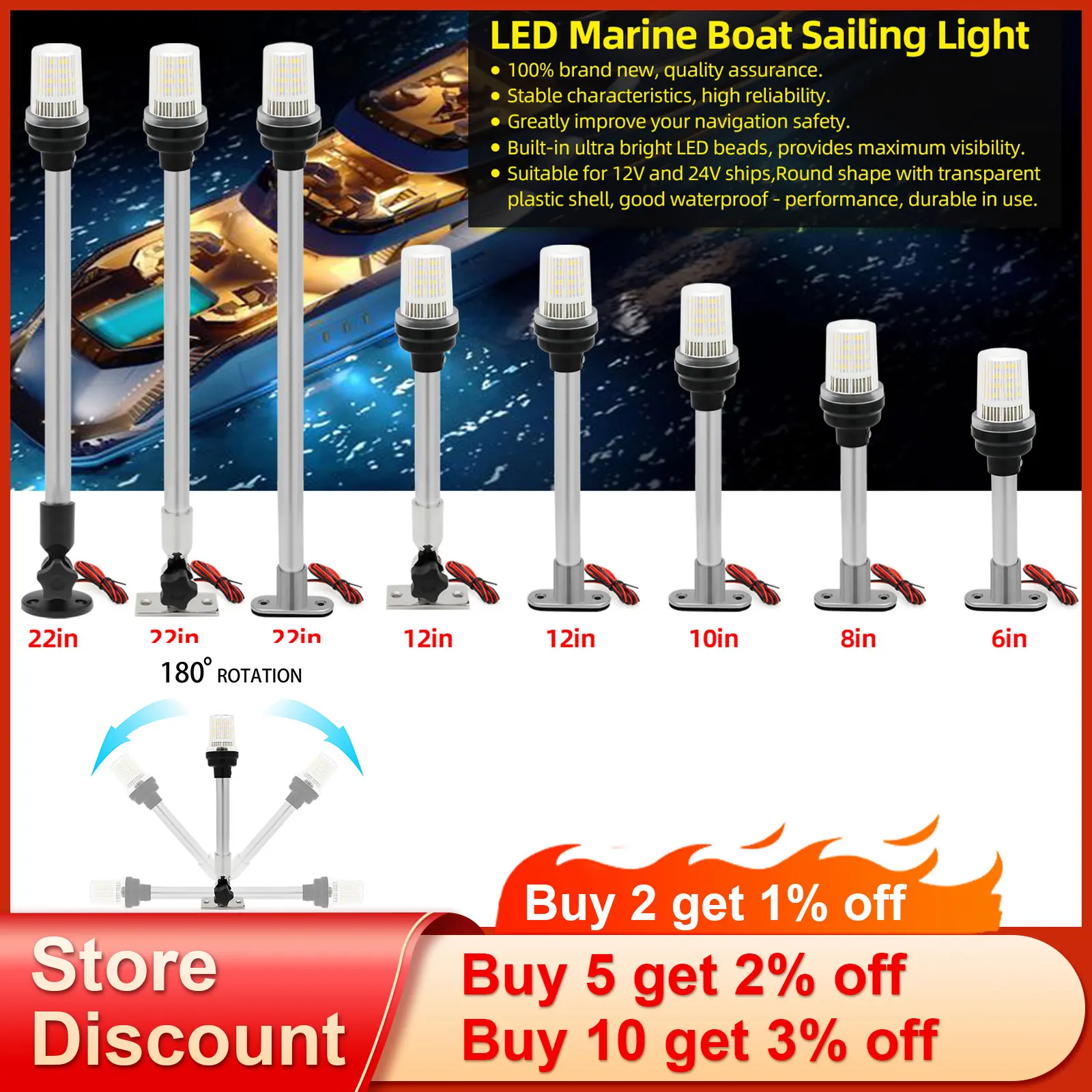 Navigation Light Waterproof Fold Down 180 Degree LED Light 6inch~22inch For Yacht Boat Stern Anchor Light 12-24V Marine Boat