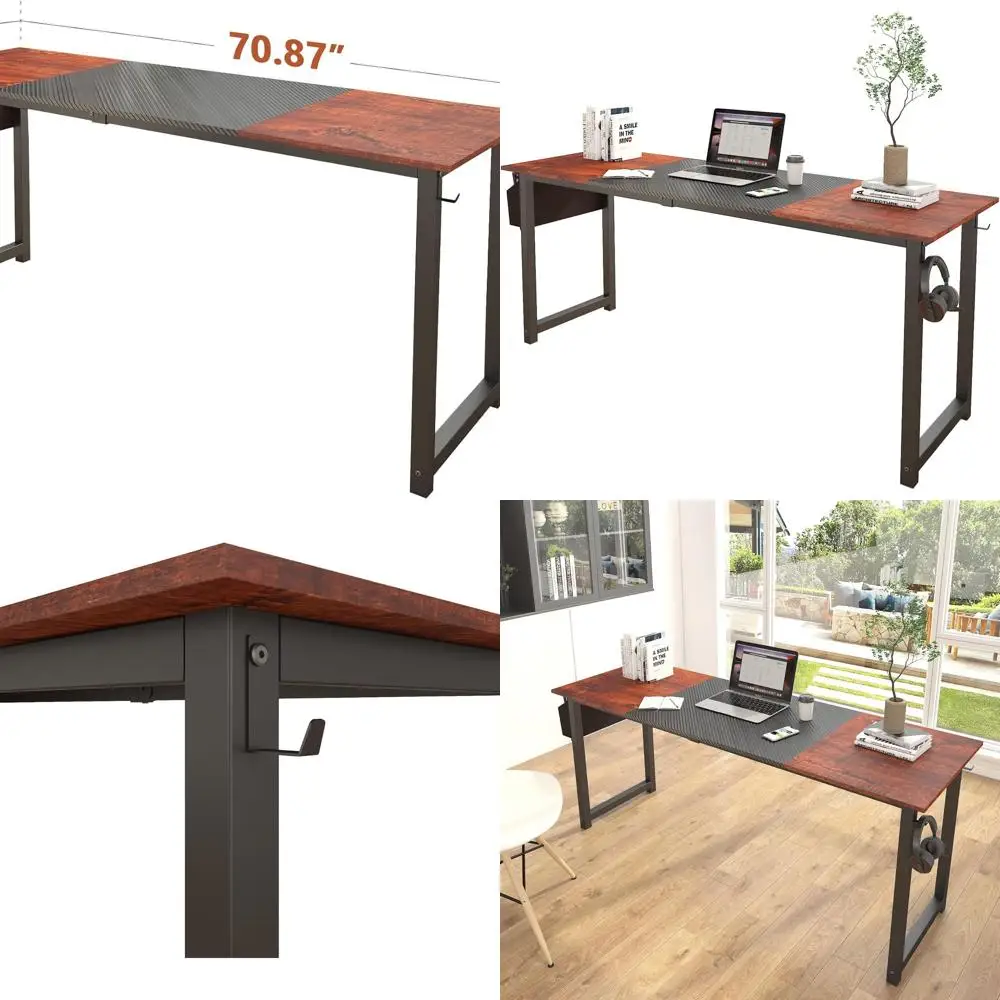 

71-дюймовый двухцветный компьютерный стол для домашнего офиса с сумкой для хранения и крючком, черный, цвет сандалового дерева, современный промышленный ноутбук De