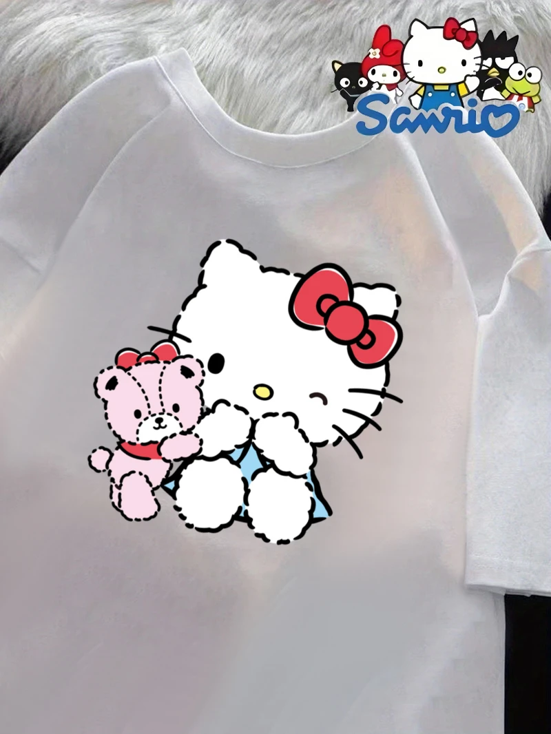 

Hello Kitty Printed T-shirt, Women's Pure Cotton Comfortable Short Sleeved Round Neck Casual Top, Suitable for Spring and Summer