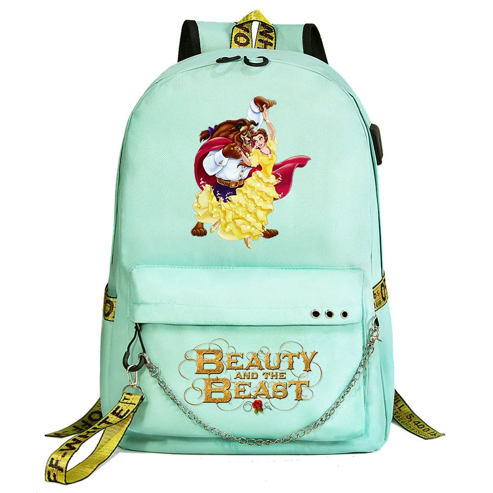 Imagem -02 - Disney Beauty And The Beast Mochila para Adolescente Usb Carregamento Cadeia Mochila de Viagem Estudante Faculdade Bookbag Moda