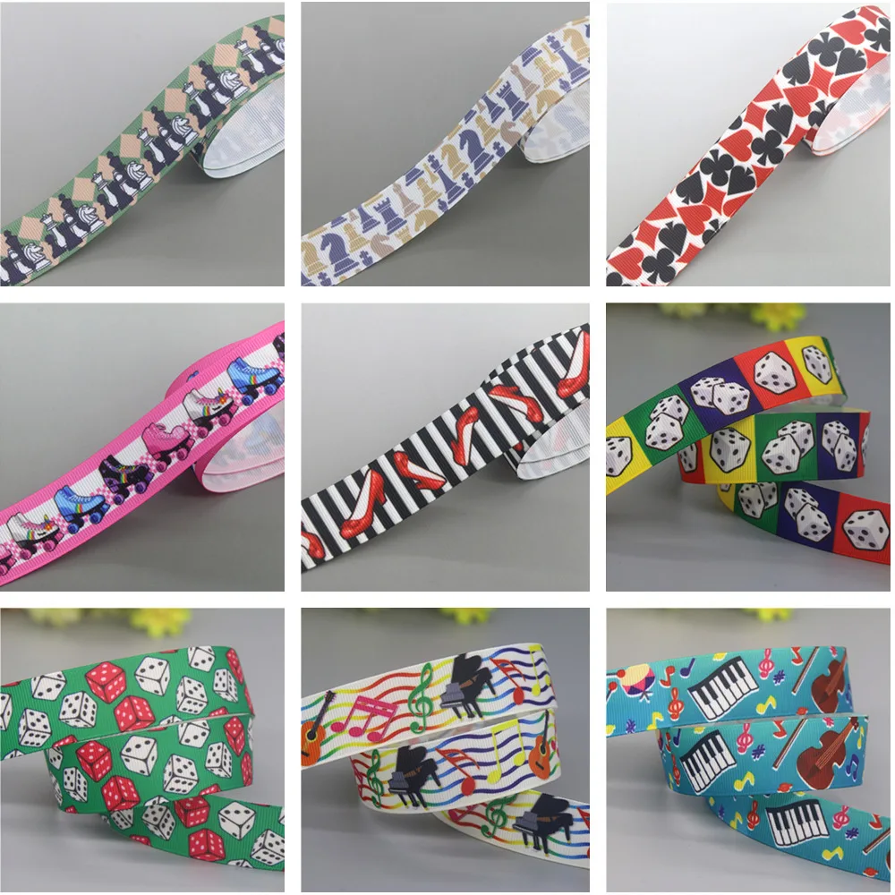 DHK 50yards Chess Dice Skates Masters Piano Printed Grosgrain Ribbon Accessories Decoration Collar DIY Sewing Craft S2610