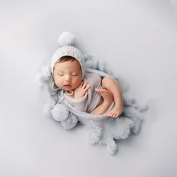 Newborn Wraps for Photography Soft Stretchable Baby Swaddle Wrap Flower Headwear Furry Ball Hat Studio Infant Photoshoot Props