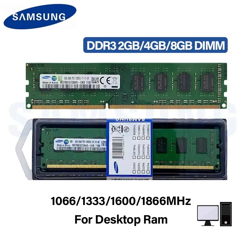 SAMSUNG DDR3 2GB 4GB 8GB 1600MHz 1866MHz 1333MHz 1066MHz DIMM PC3-8500 10600 12800 240Pin 1.5V RAM for Desktop Dual Channel