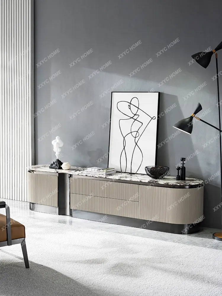 Minimalist light luxury natural marble TV cabinet Modern villa living room solid wood luxury stone floor cabinet