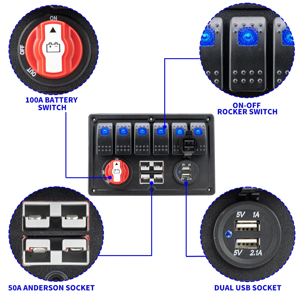 STTL Flame Retardant Materials Anderson Socket Cigarette Lighter Voltmeter Yacht Boat 6 Gang Led Marine Rocker Switch Panel