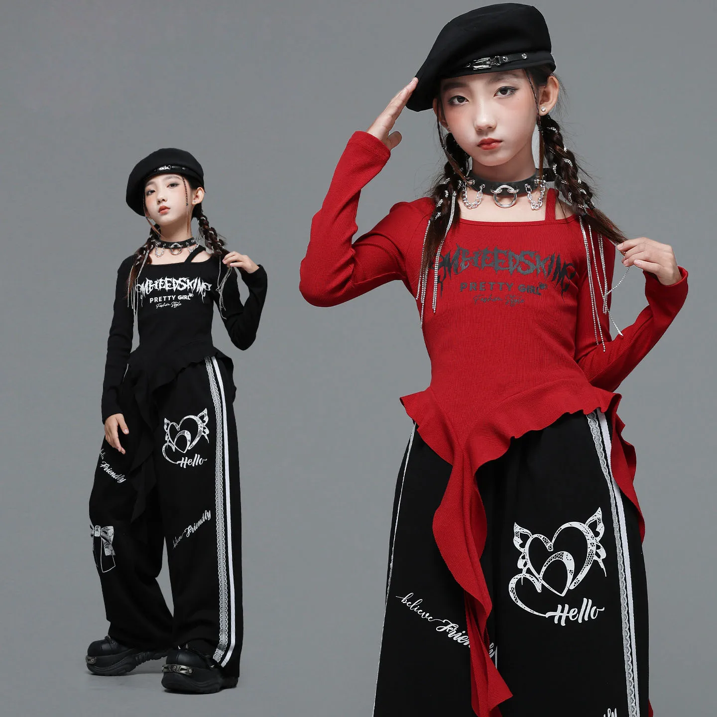 เสื้อยืดเด็กสไตล์เคป๊อป ฮิปฮอป สีแดง แต่งระบายชายเสื้อ กางเกงสเวตพิมพ์ลายสีดำลำลอง สำหรับเด็กผู้หญิง ชุดเต้นสตรีทแดนซ์
