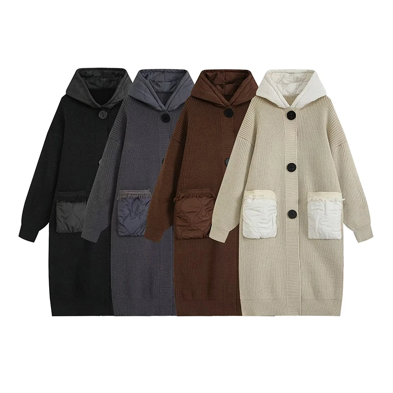 YENKYE Women's Knit Long Hooded Coat Contrast Quilted Patch Pocket Single Breasted  Loose Autumn Winter Cardigan