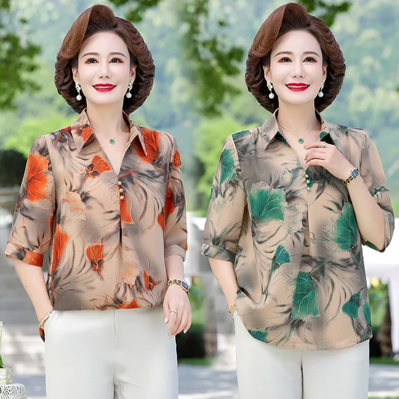 Vintage Floral Print Button Shirt Spring Summer Elegant Fashion Blouse 3/4 Sleeve Loose Tops Office Lady Blusas