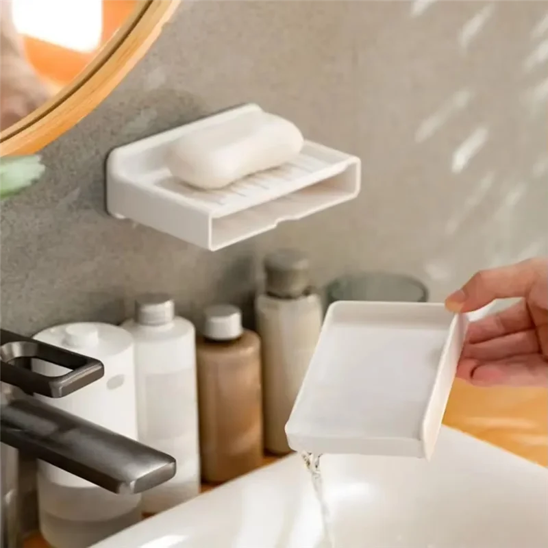 WORTHOWN-Wall-Mounted Soap Dish Holder,Punch-Free, Self-Adhesive,Double-Layer With Detachable Drawer,Drain Dispenser For Bathroo