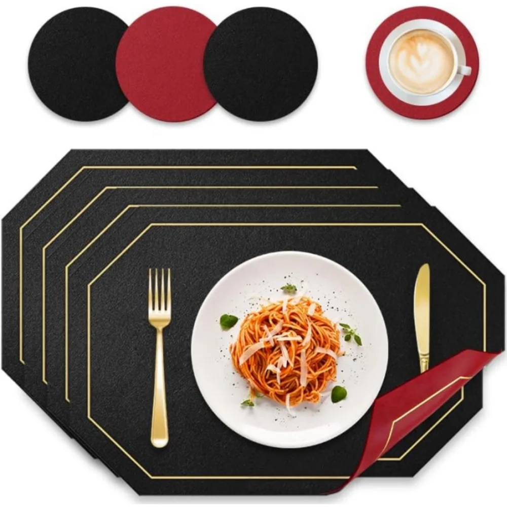 

4/8 PCS Placemats and Coaster Sets, Dual Sided Two-Color Place Mats 30x43cm/11.81x16.93inch Leather Heat Resistant Non-Slip