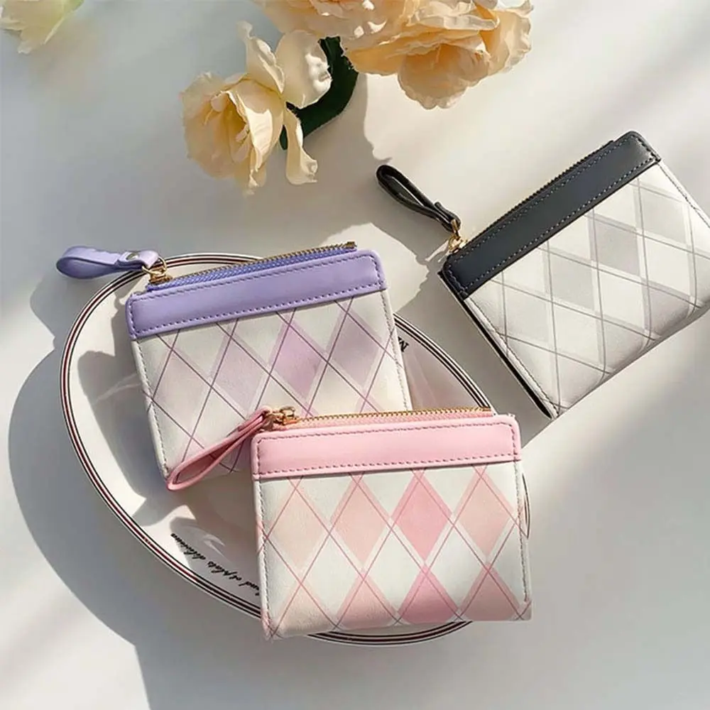 Pu Leather Rhombus Plaid Wallet Coin Purse Contrasting Colors Folding Purse Change Purse Bank Card Bag Zipper Card Holder