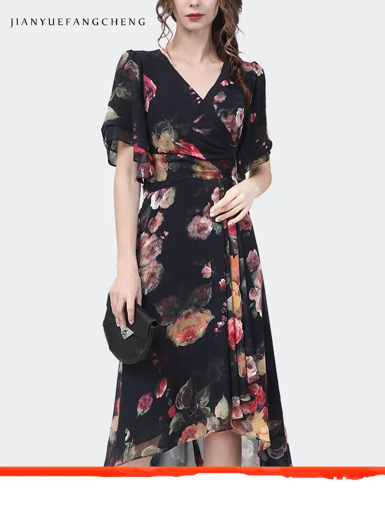 Fashion Womens Summer Chiffon Floral Dress Short Sleeve V-Neck High Waist A-Line Irregular Swing Mid-Length Casual Party Dresses