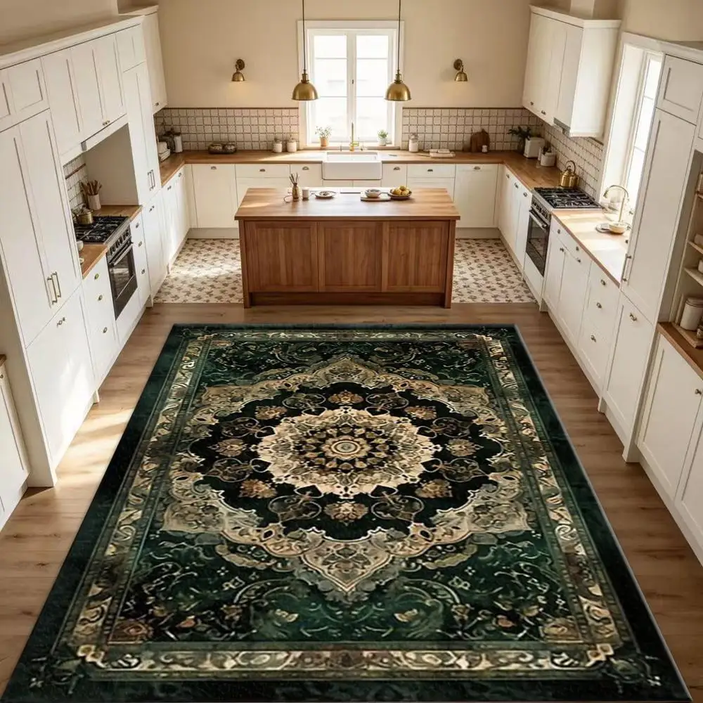 Emerald Green Medal Pattern Carpet, Soft and Comfortable, Suitable for All Seasons, Easy to Maintain, Machine Washable, Indoor Rug, Suitable for Living Room, Bedroom, Dining Room, Hallway, Office, Terrace, Home and Outdoor Decoration.