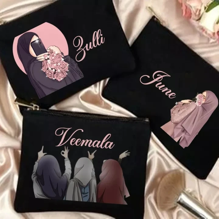 

Personalised Hijabi Girl Makeup Bag Travel Organizer Pouch Muslim Girls Gifts Custom Name Zipper Pouches Cosmetic Bags Eid Gifts