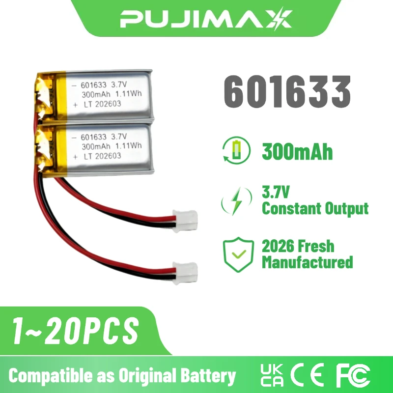 PUJIMAX 601633 Hochleistungs-Li-Po-Akku 3,7V 300mAh Wiederaufladbarer Akku für GPS Bluetooth-Headset Spielkonsole Elektronik