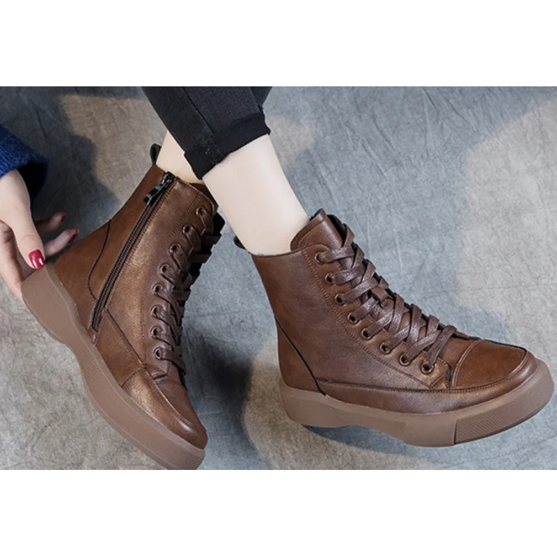 High End Women Genuine Cowhide  Boots 2023 New Arrival Rubber Anti-Slip 4cmThick Sole Waterproof Brown Knight Ladies Shoes