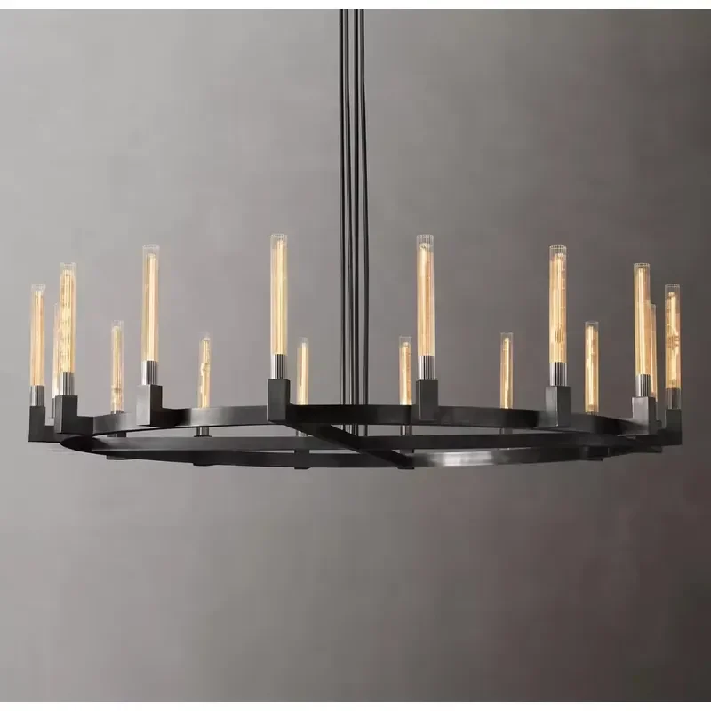 Industrial Circular Chandelier with Cylindrical Light Tubes Adjustable Height for Hotel or Villa Living Room Pendant Lights