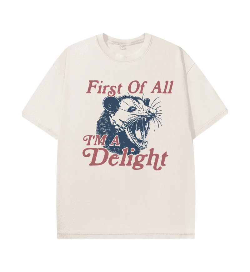 I'm a Delight First of All Vintage Possum Tshirt Funny Men‘s Washed T-Shirt 100Cotton Loose Unisex Y2K Graphic Tee Streetwear