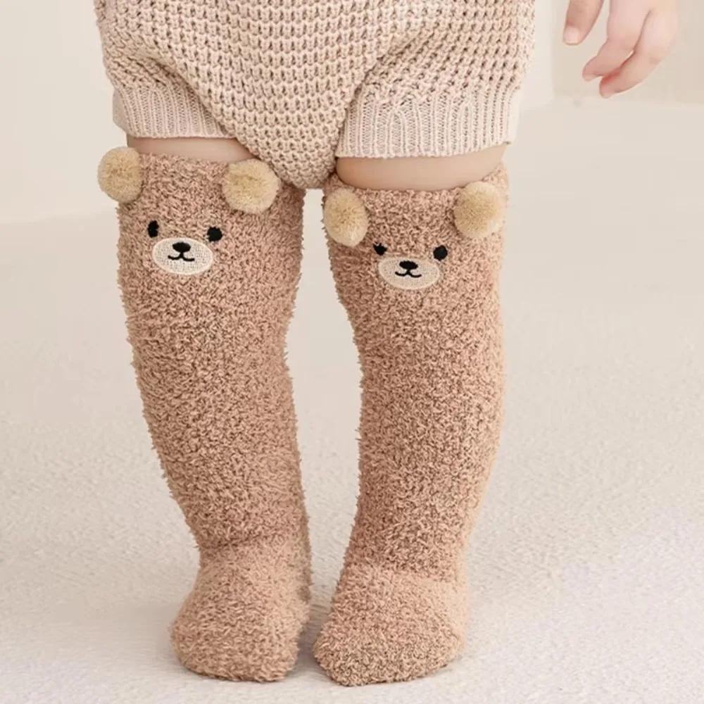 Cute Cartoon Bear Design Baby Socks Coral Velvet Warm Infants Stocking Thickened Knee Protection Socks for 0-5year Kids