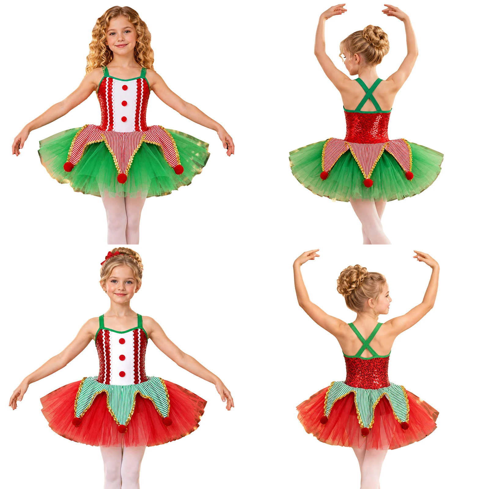 Girls Candy Cane Christmas Tutu Dress Spaghetti Straps Plush Balls Tulle Skirt Kids Fancy Xmas Party Ballet Performance Costume