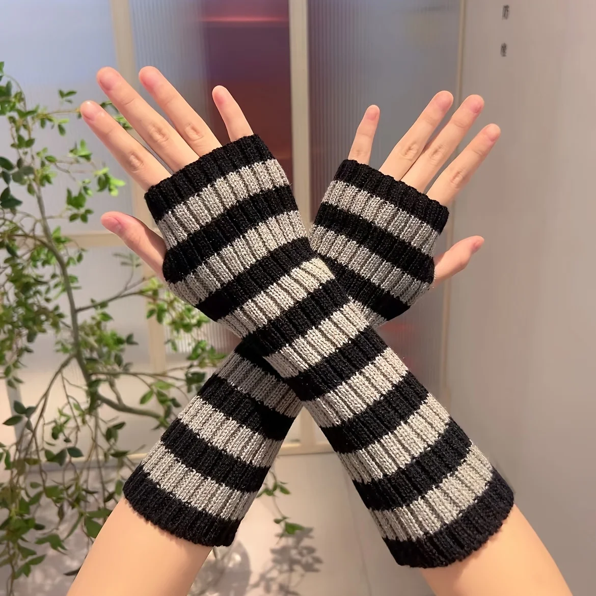 Women's Stretchy Two-Tone Striped Knitted Fingerless Fashion Long Gloves Cover Warm Knitted Gloves for Women Autumn and Winter