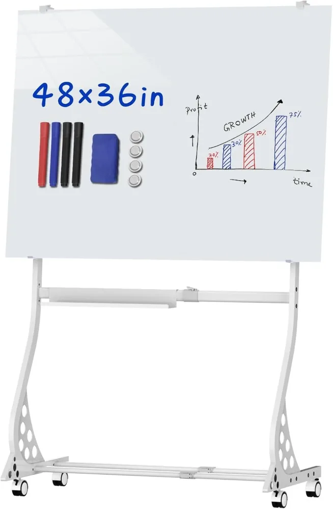 

Mobile Glass Whiteboard, 48 X 36 Inch Glass Board/w Height Adjustable, Large Portable Dry Erase Board with Stand and Wheels