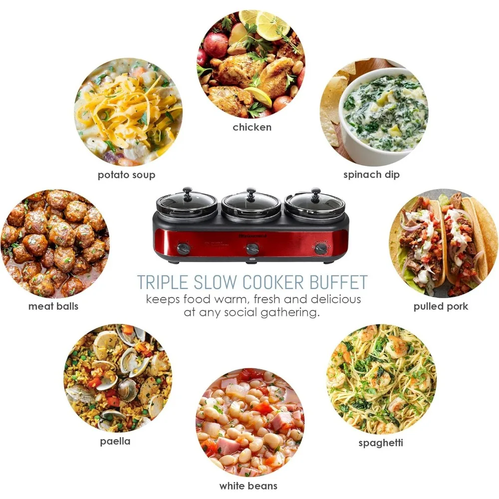 EWMST-325R Maxi-Matic Triple Slow Cooker Buffet Server Adjustable Temp Dishwasher-Safe Oval Ceramic Pots, Lid Rests