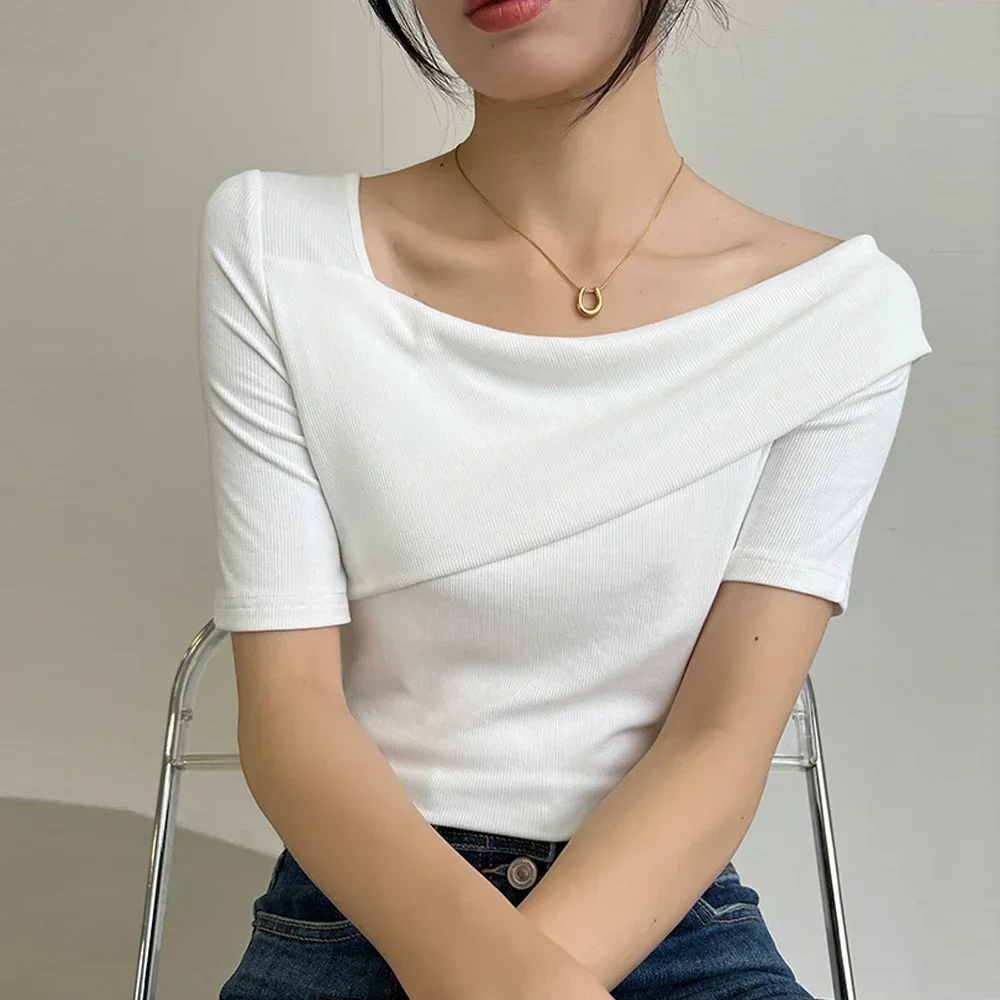 

Spring Summer Girls Sweet T Shirt Asymmetrical Skew Collar Short Sleeve T-shirt Women White Black Slim Stretch Tops X-G-Xinde