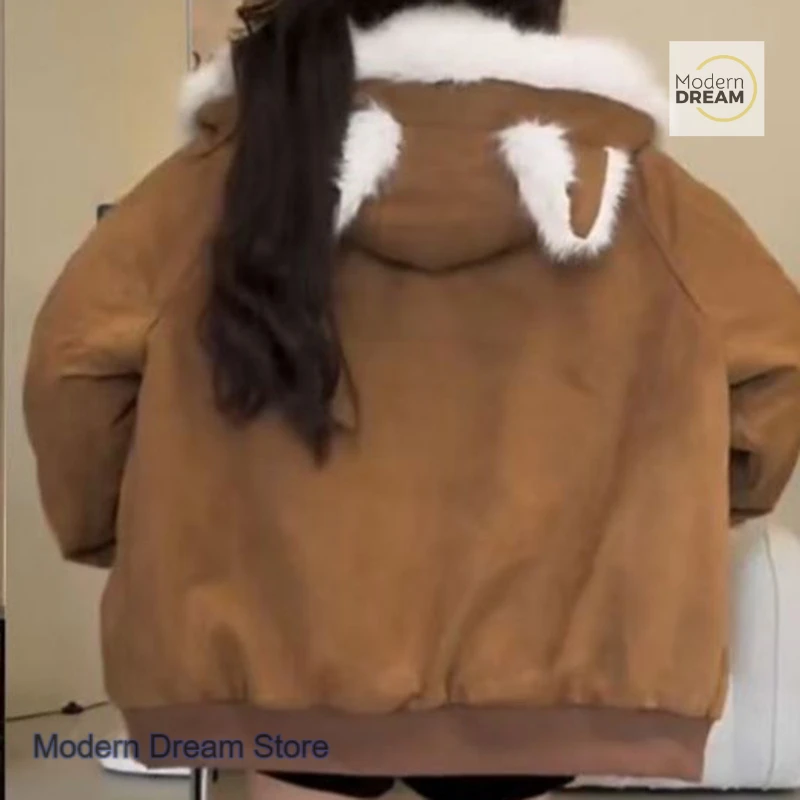 American style mountain carving fur collar hooded plush winter new fashion sense loose Parker warm casual denim jacket women