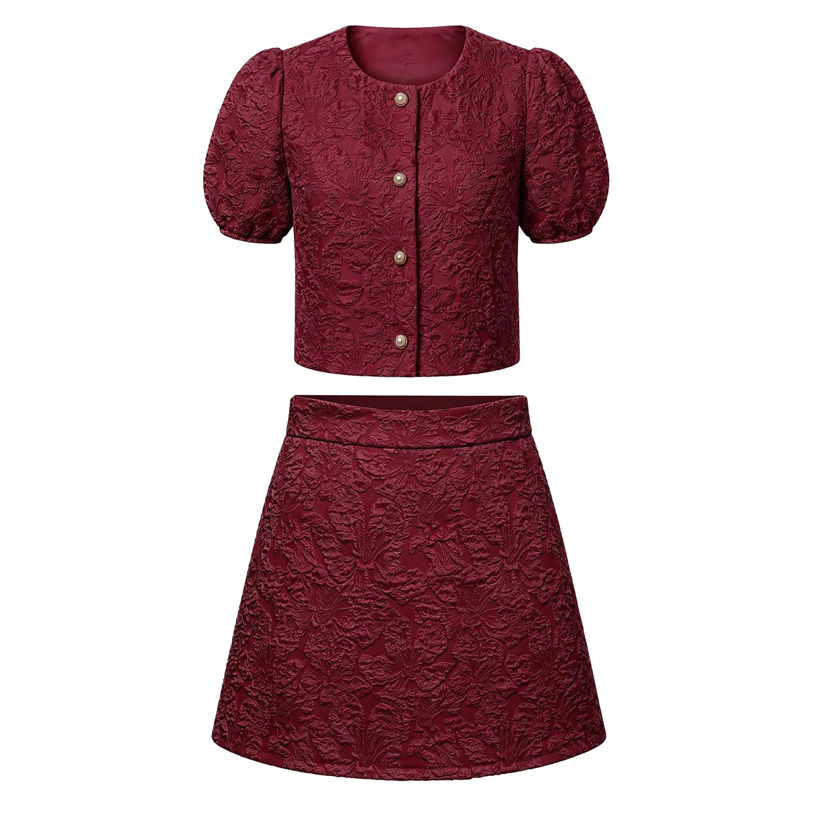 Girls Christmas Festival Costume Princess Party Sets Jacquard Short Puff Sleeve Button Top with Skirt for Holiday Dance Outfit