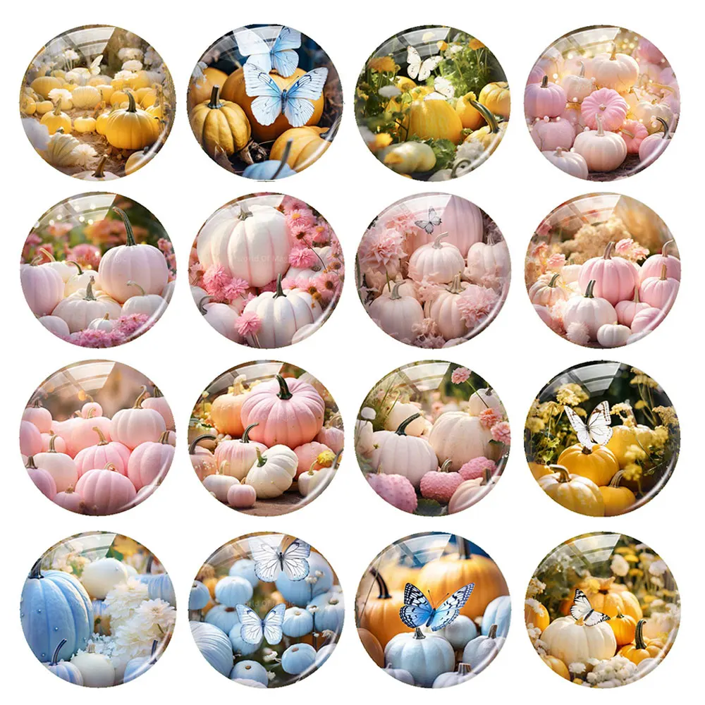 Handmade Thanksgiving Pumpkin Flower Fall Autumn Round Photo Glass Cabochon Flatback Demo Flat Back Cameo For Diy Jewelry Making
