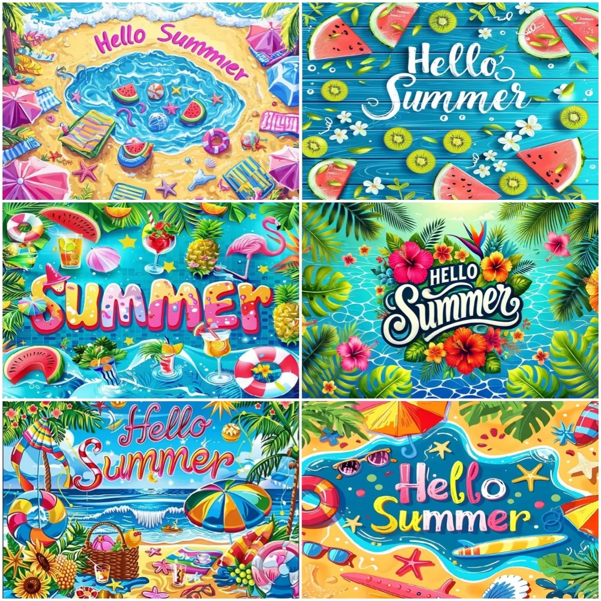 

Hello Summer Theme Background Beach Pool Party Decoration Supplies Cool Watermelon Flamingo Balloon Holiday Photography Backdrop