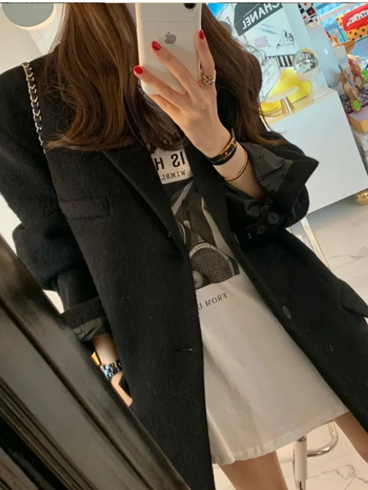 

Thiened Autumn Winter Women's Jaet Warm Cotton Woolen Coat Medium Length Korean Sle Street Faion Outerwear