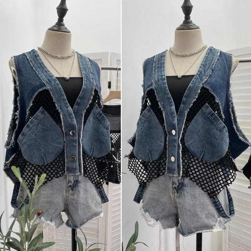 Sexy Rough Edge Denim Splicing Grid Vest Loose V-neck Sleeveless Jacket Coat Women