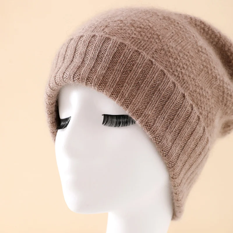 Winter Ladies Pure Cashmere Hat Face Slimming Knitted Cap Warm Headwear Wool Yarn Tassel Cold Hat for Postpartum Women