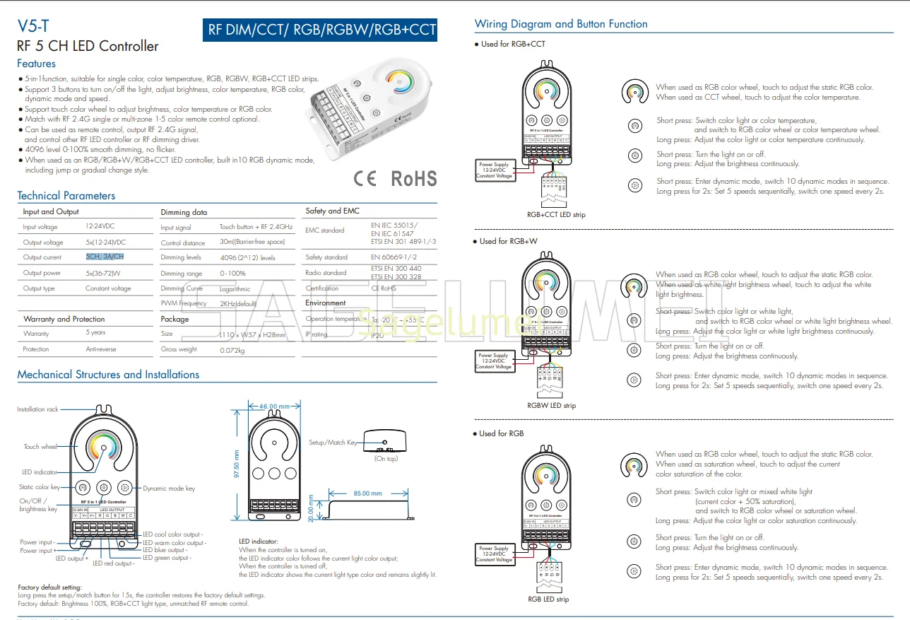 V5-T(WT) 5 in 1 WiFi Tuya APP LED Controller V5-T 2.4G RF CV Controller Skydance 5CH*3A for DIM/CCT/RGB/RGBW/RGB+CCT LED Strip
