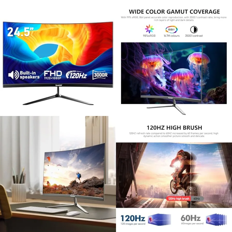 Gaming Curved Monitor Built-in Speakers, 3000R 120Hz PC Screen Full HD 1080P, HDMI 2.0, VGA, Wall Mount Compatible 75 * 75mm