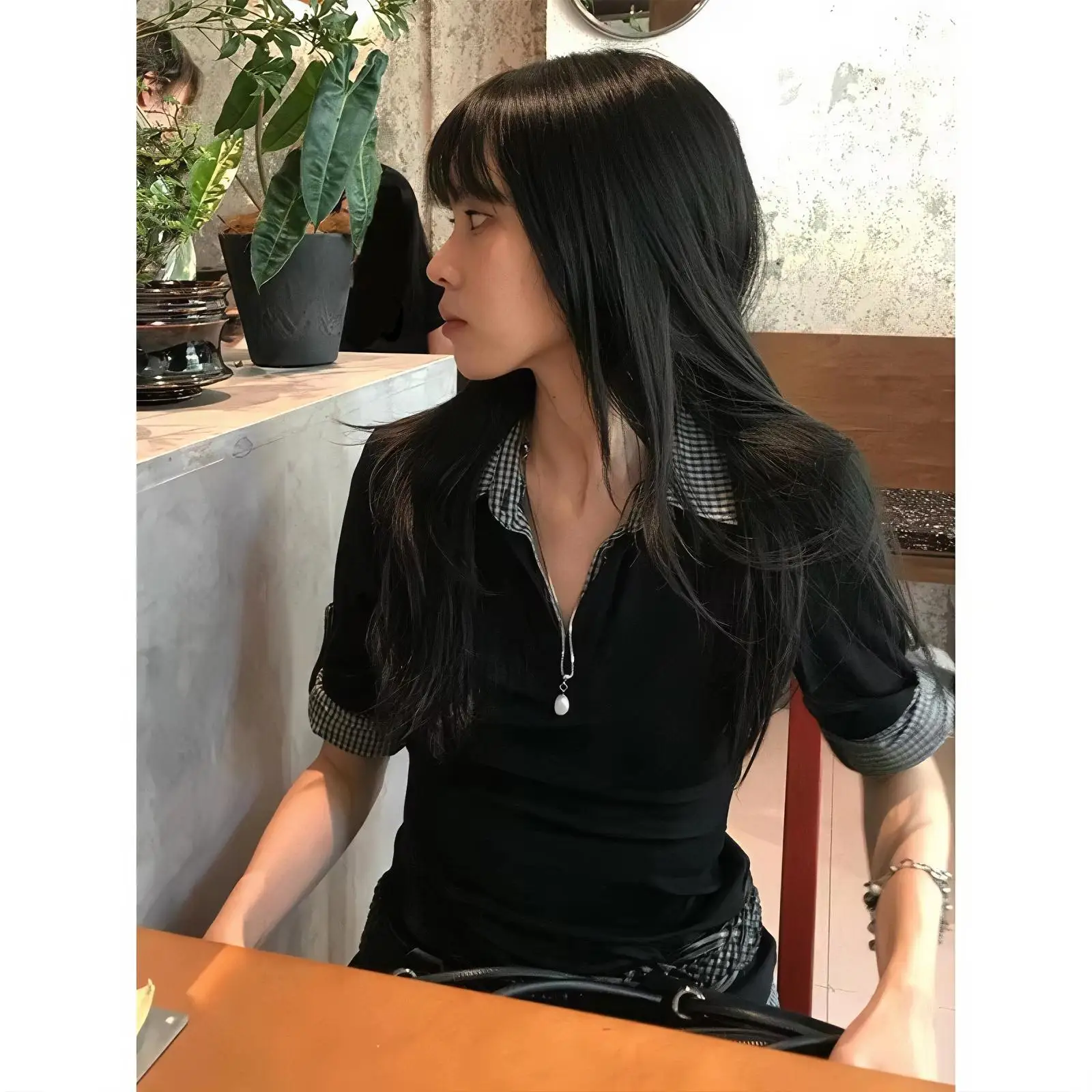 Women Y2K Fake Two‑Piece Polo T‑Shirt Half Zip Turn‑down Collar Plaid Patchwork Short Sleeve Slim Fit Casual Tees Tops
