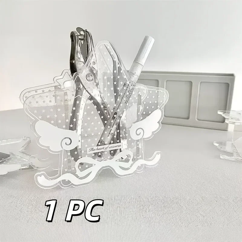 1Pc Clear Angel Star Bow Acrylic Pen Holder, Ins Style Large Capacity Storage with Starlight Wing Ribbon Full Print Design