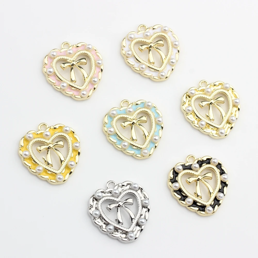 Zinc Alloy  Enamel Hollow Lace Heart Bow-knot Charms 6pcs/lot For DIY Jewelry Making Drop Earrings Accessories